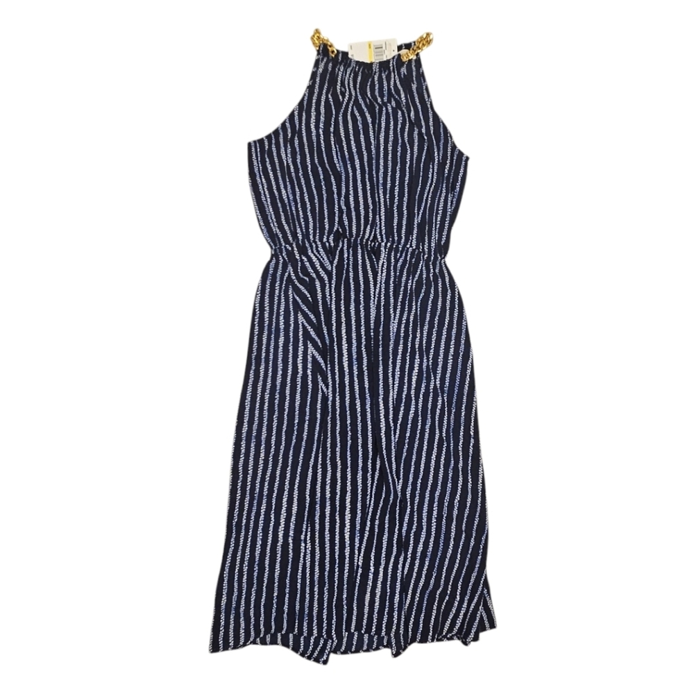 NWT Michael Kors Black White Stripe Gold Chain High Neck Midi Sheath Dress